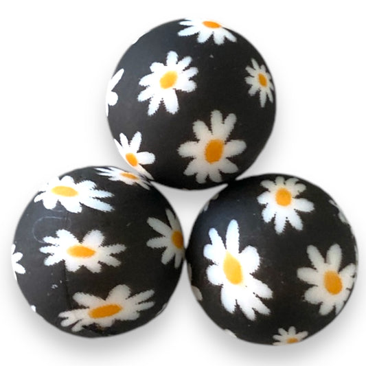 T344 - 15mm "Black Daisy" Silicone Beads