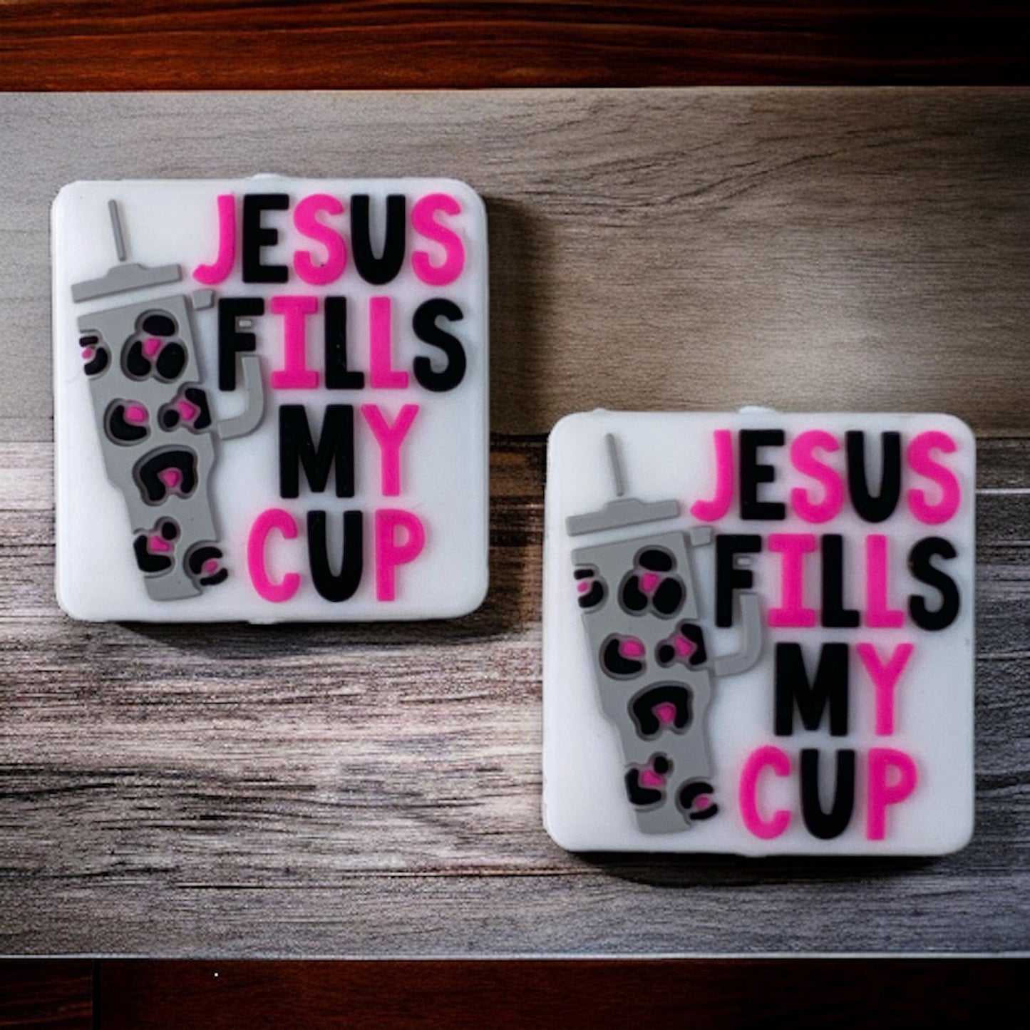 e597 - “Jesus Fills My Cup” Silicone Focal Bead (1 Count)