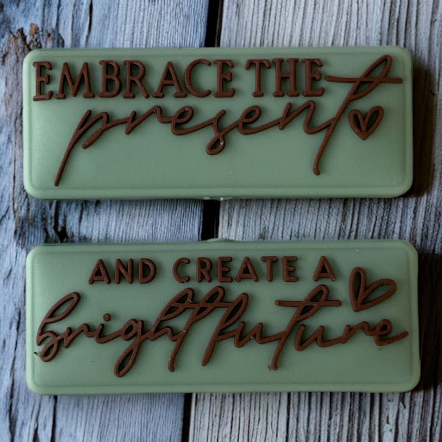 e557 - "Embrace The Present / Create A Bright Future " Two Sided  Exclusive"  Focal (1 Count) Bead Silicone