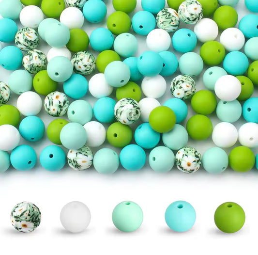 "Mint Meadow" 15mm Silicone 50 Count Bead Pack– Ideal for Beadable Pens & Keychains