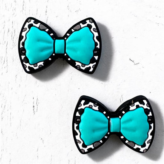 X218- "Aqua Cow Bow"  Silicone Focal Bead for DIY Crafts (1 Count)