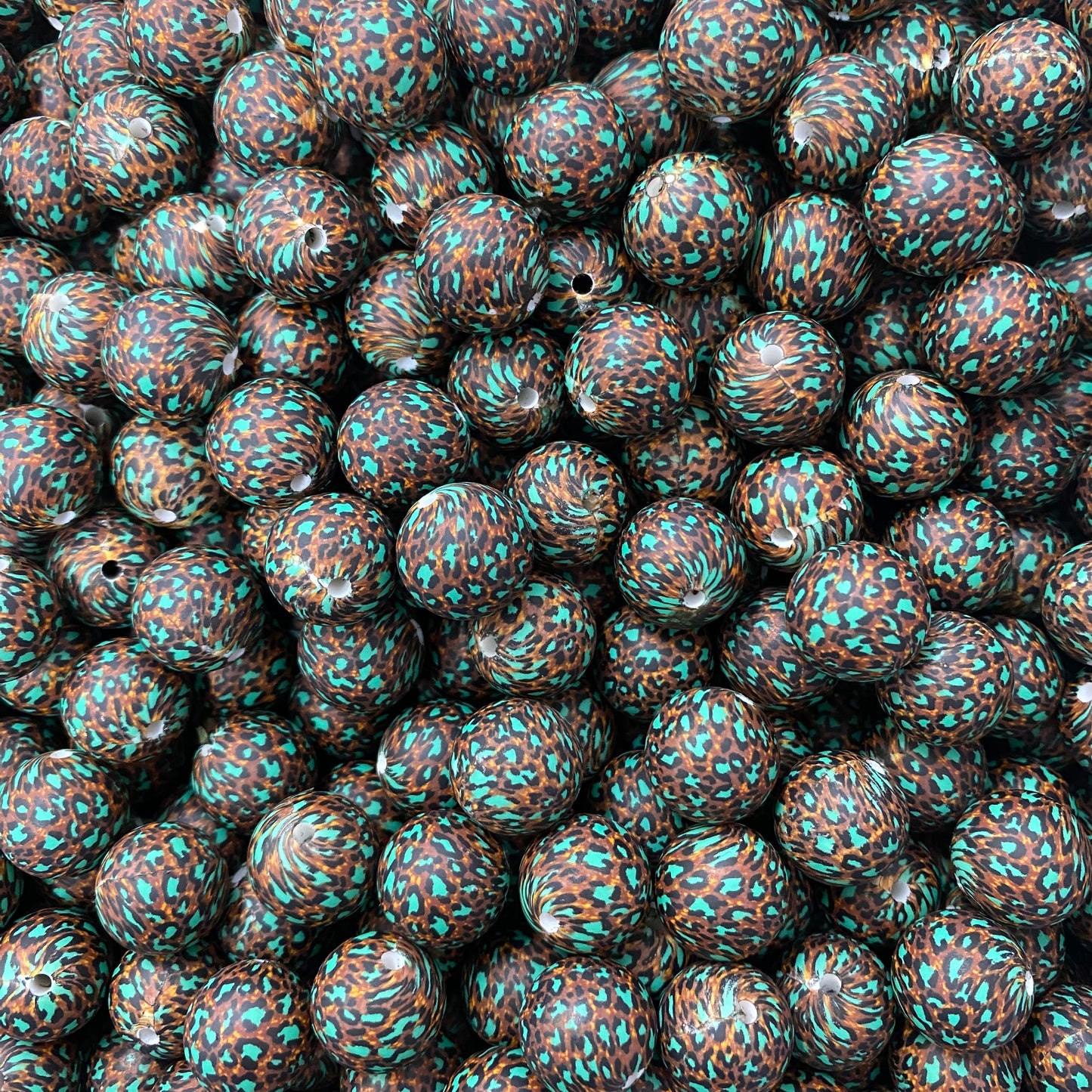 T318 - 15mm "Aqua & Brown Leopard" Silicone Beads