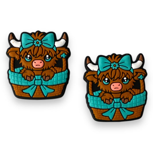 X405 -  “Turquoise Bow Mini Cow” Silicone Focal Bead (1 Count)