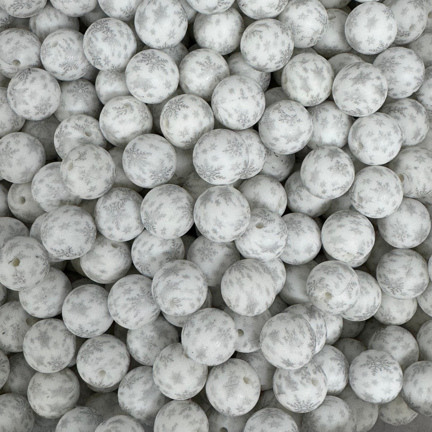 T81- 15mm “Silver & White Snowflakes” Silicone Beads