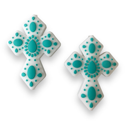 X479 - “Turquoise & White Cross” Silicone (1 Count) Focal Bead