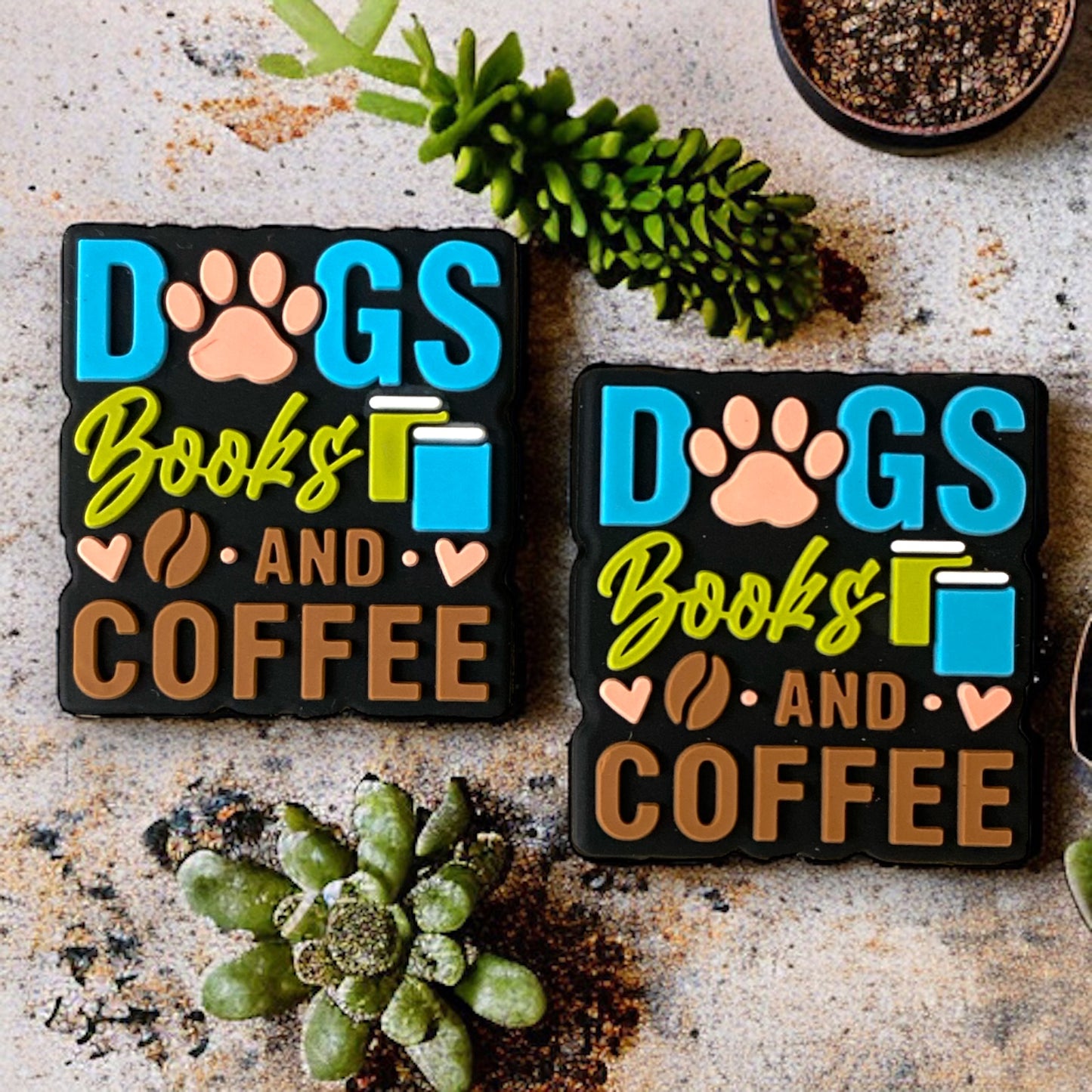 X253- "Dogs, Books, & Coffee"  Silicone (1 Count) Focal Bead