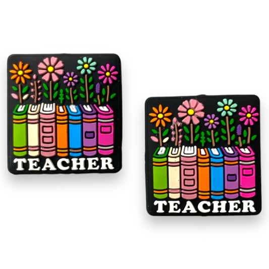 X315 - Teacher (Books w/flowers)  Focal (1 Count) Bead Silicone