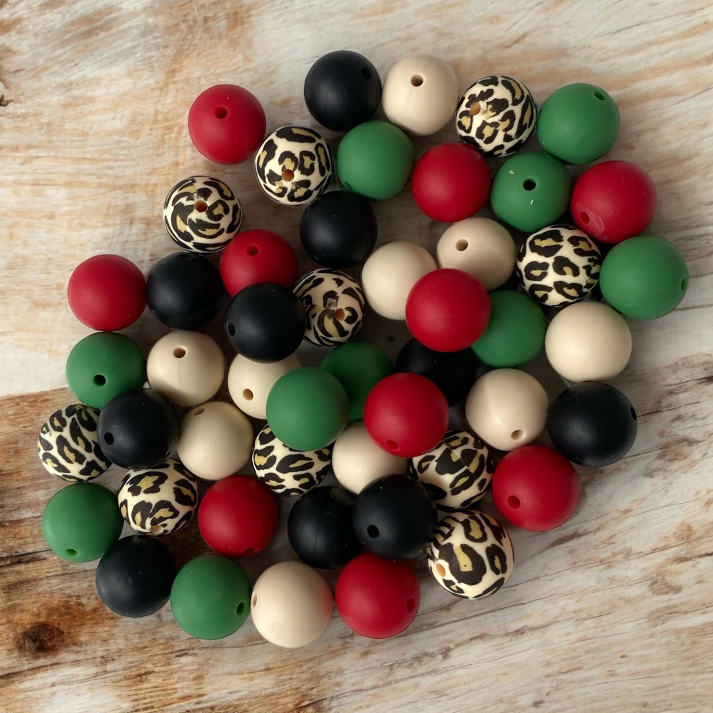 15mm "Holiday Leopard" 50 Count  Mixed Pack Silicone Beads
