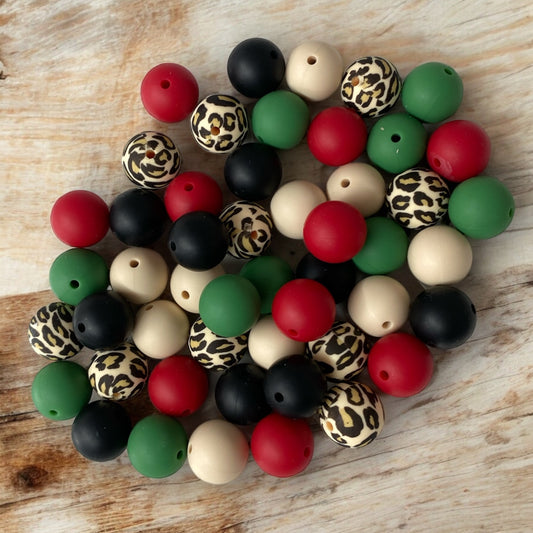 15mm "Holiday Leopard" 50 Count  Mixed Pack Silicone Beads