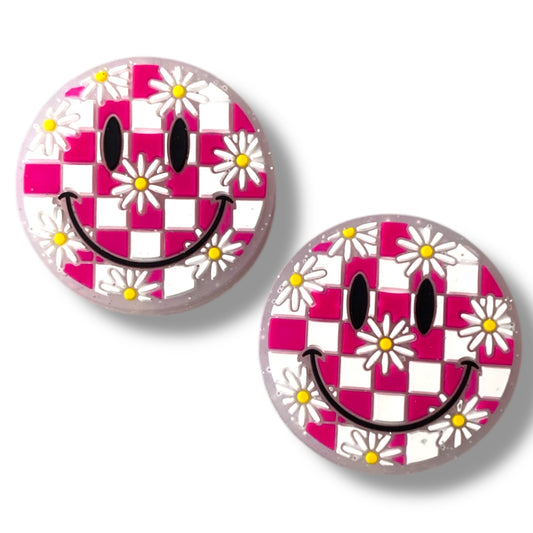 X72 - "Pink- Checkered Happy" Silicone Focal Bead (1 Count)