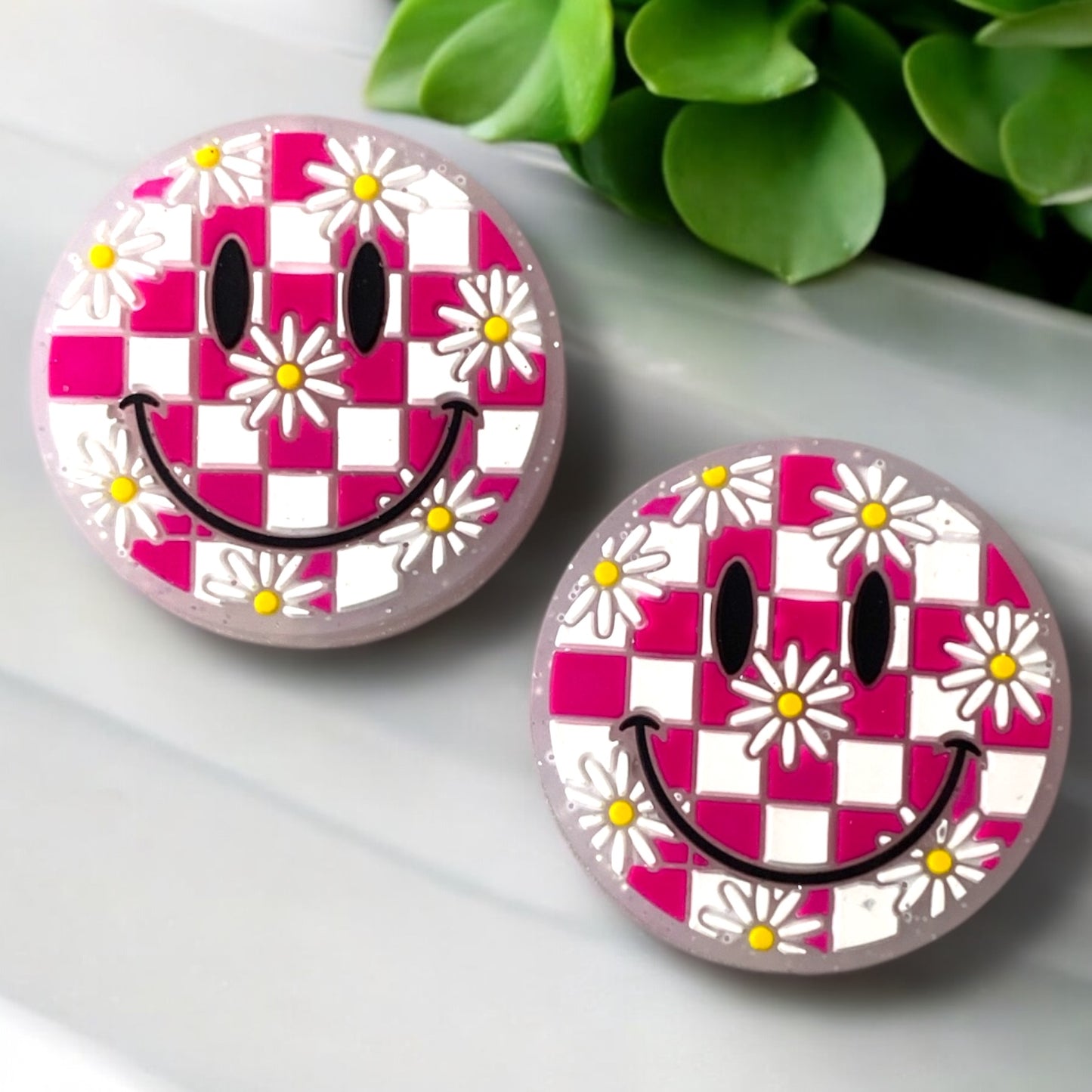 X72 - "Pink- Checkered Happy" Silicone Focal Bead (1 Count)