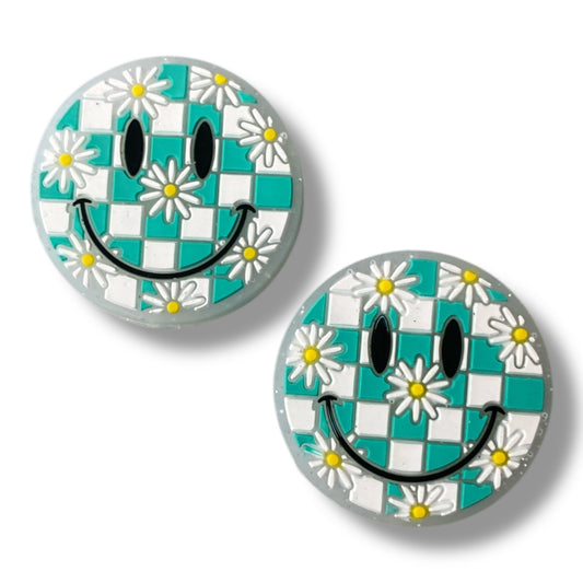 X58 - "Aqua- Checkered Happy" Silicone Focal Bead (1 Count)