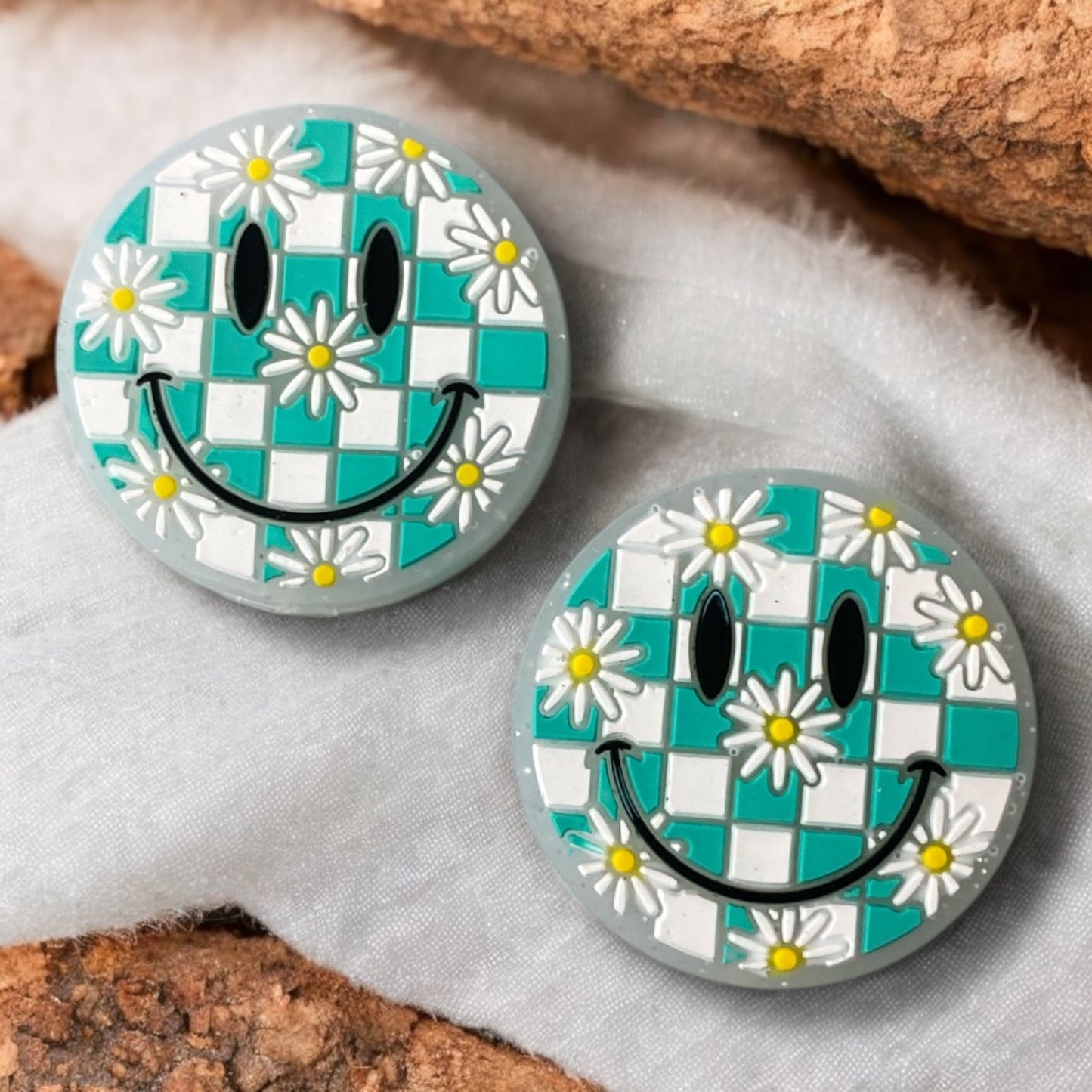 X58 - "Aqua- Checkered Happy" Silicone Focal Bead (1 Count)