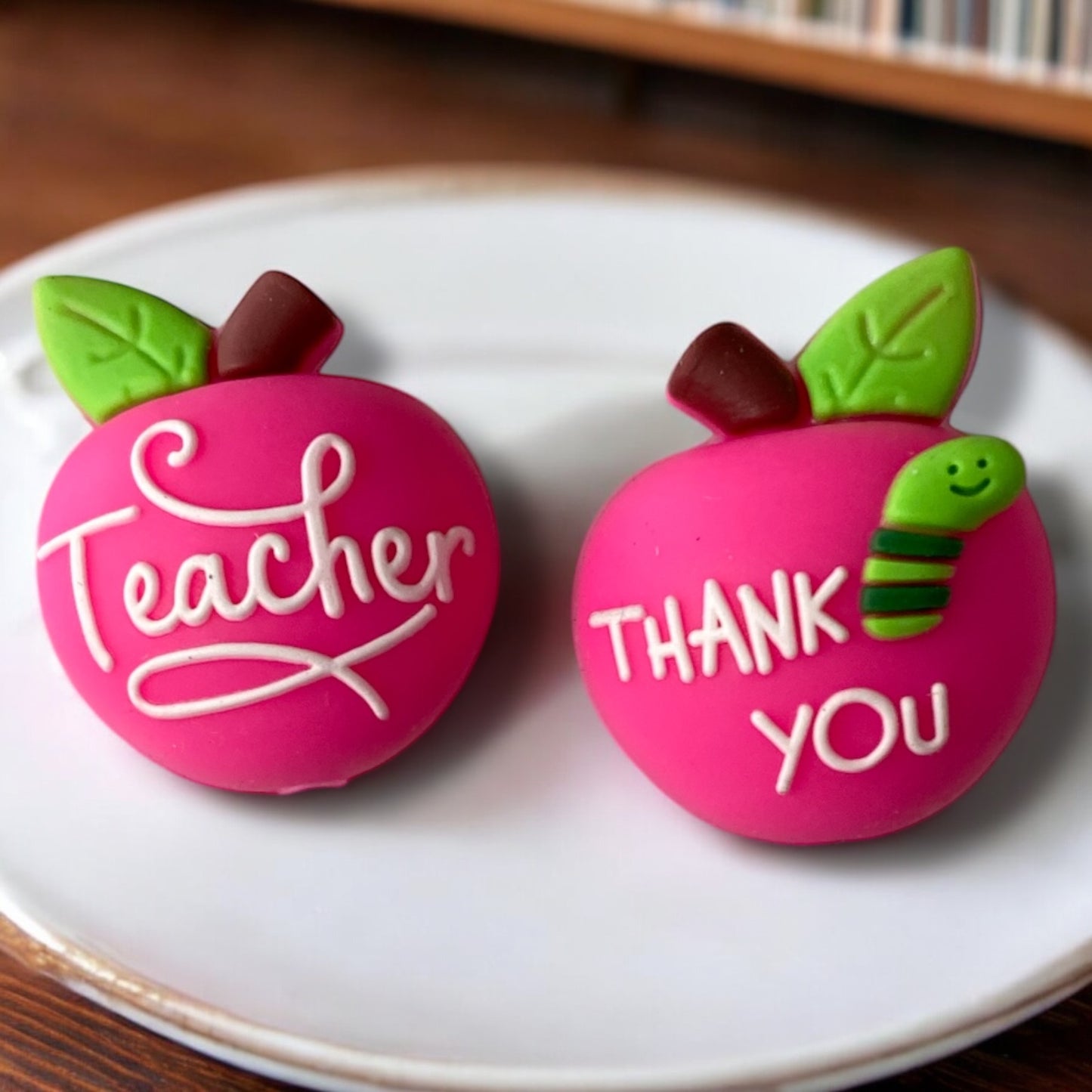 X313- "Teacher / Thank You 3D Apple- Dark Pink" Silicone Focal Bead (1 Count)