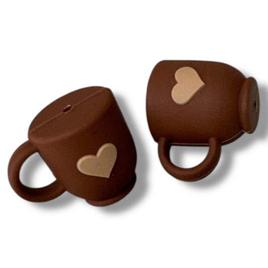 X151- "3D Brown Heart Coffee Mug" Silicone Focal Bead (1 Count)
