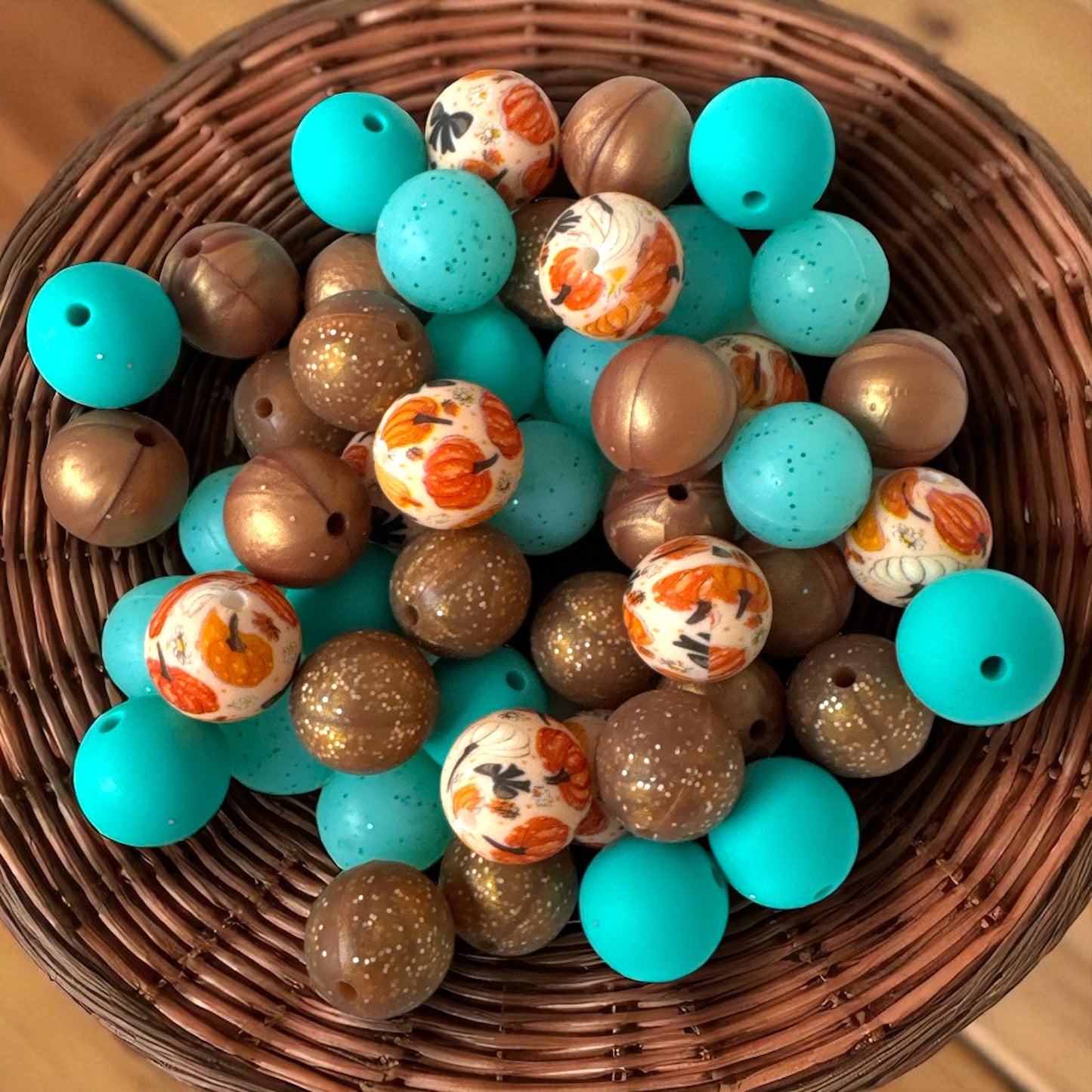 CK- 258-  15mm “Teal Pumpkin” 50 Count Mixed Pack Silicone Beads