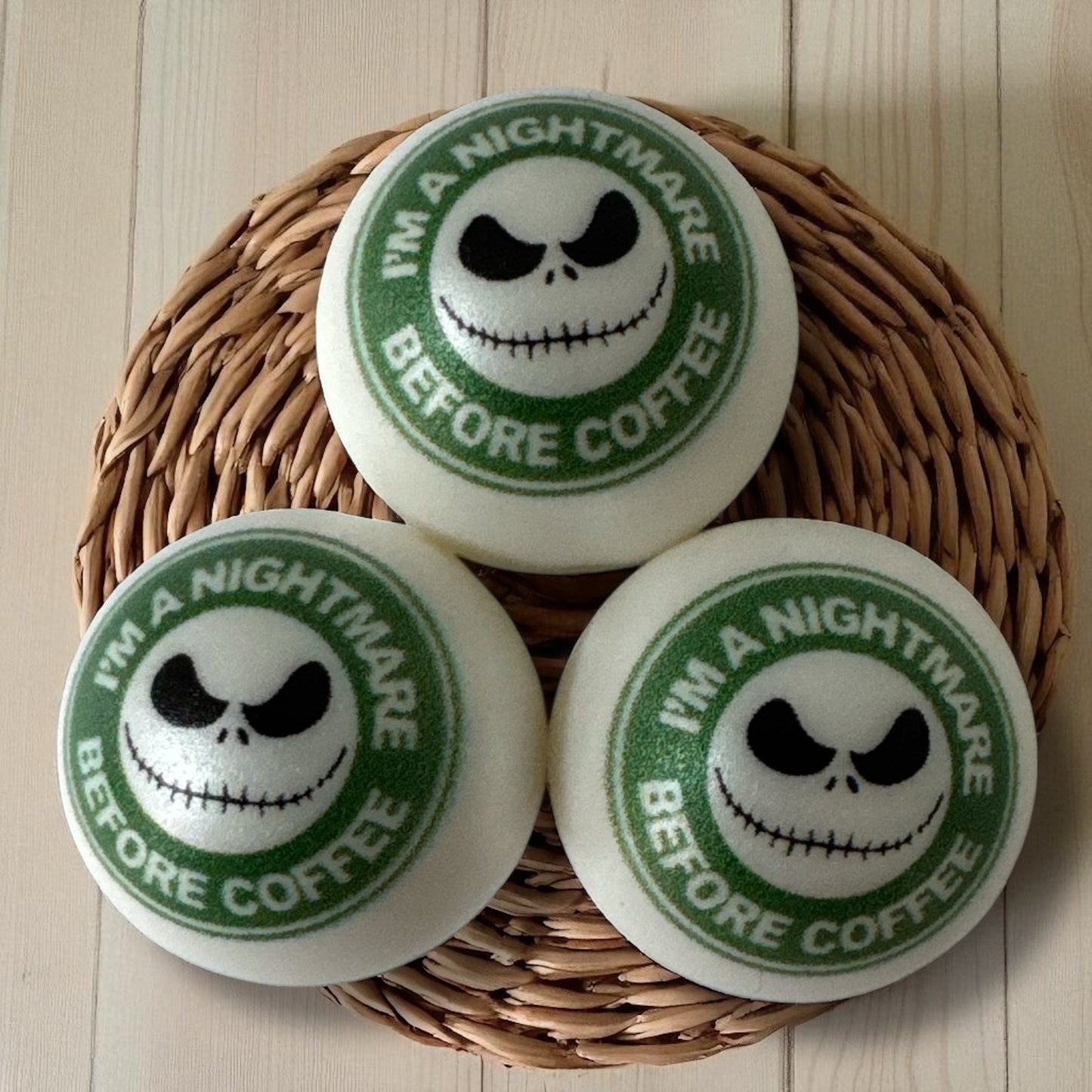 #149- 20mm "Nightmare Before Coffee" Printed Acrylic Pearl Bead