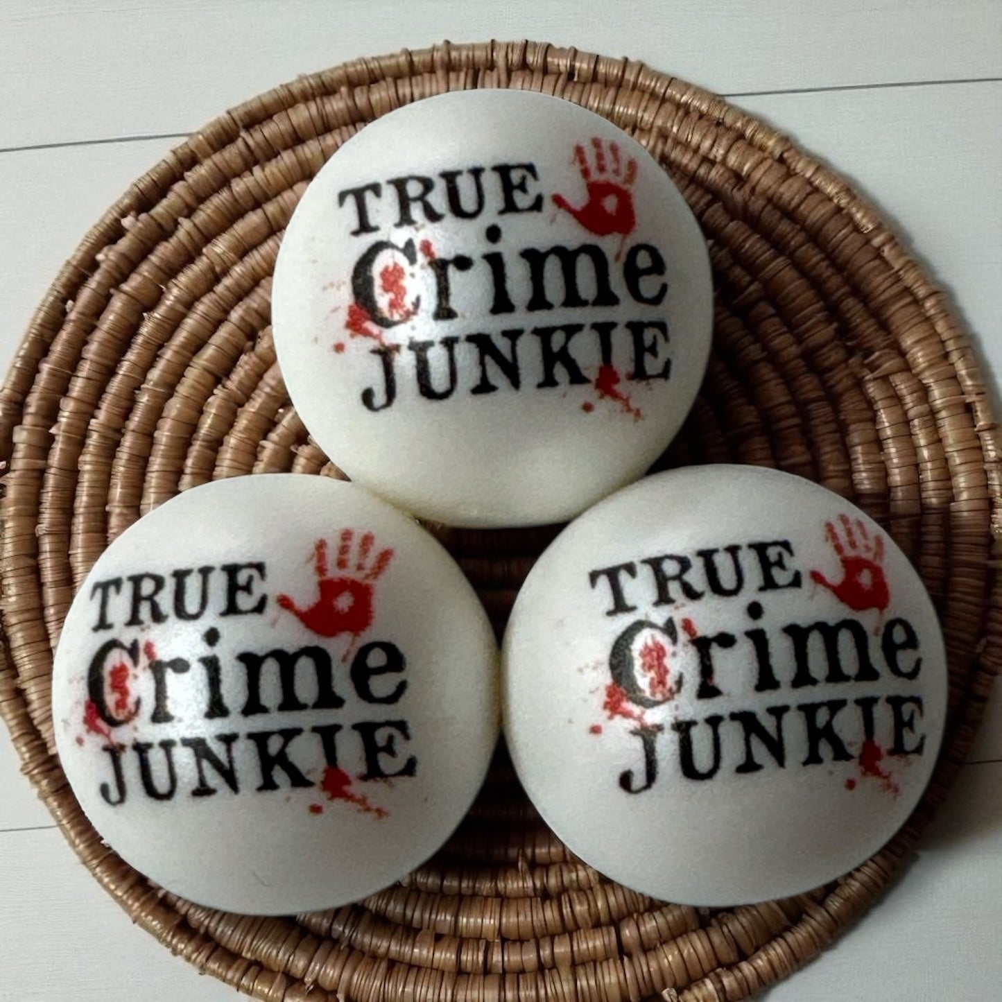 #150- 20mm "True Crime Junkie" Printed Acrylic Pearl Bead
