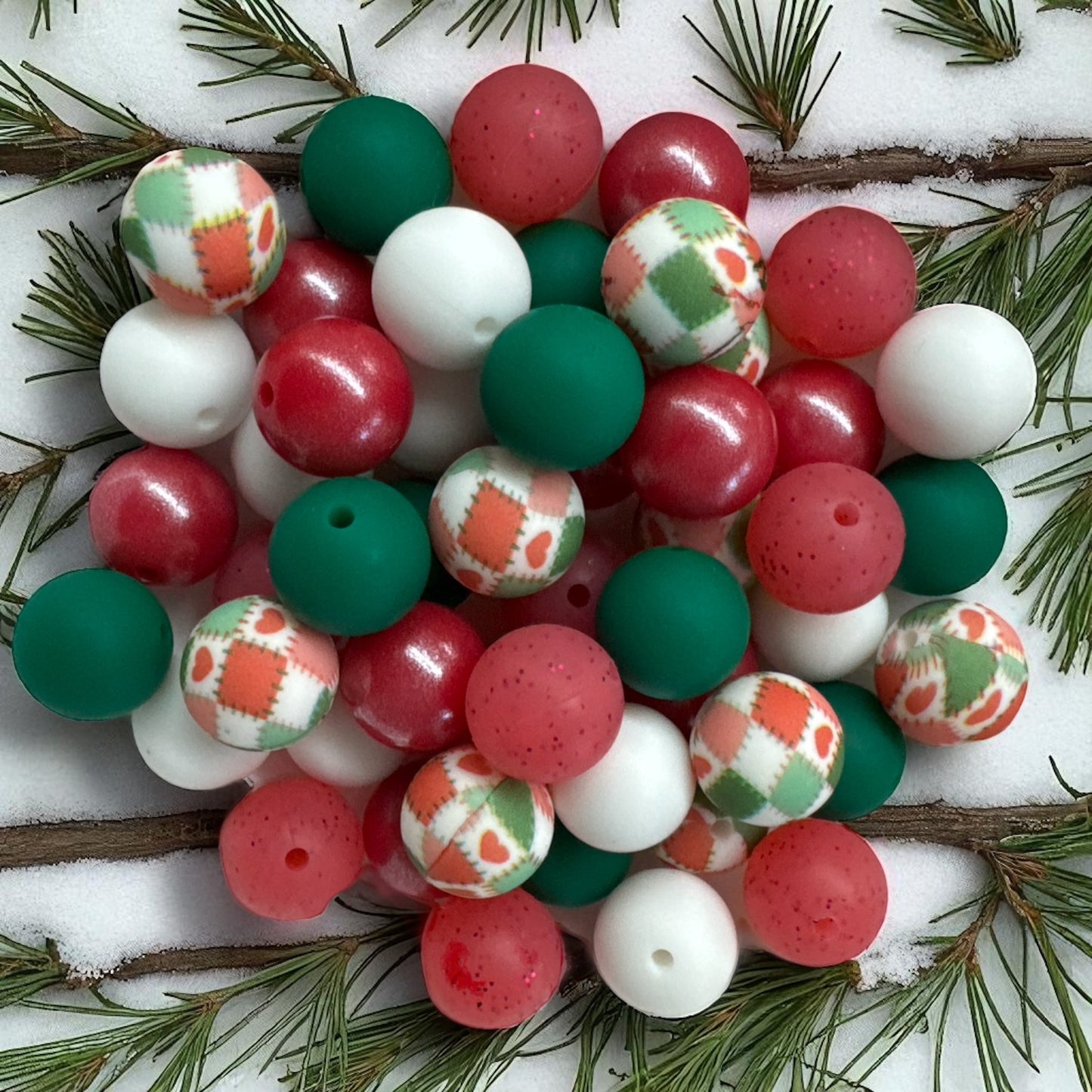CK- 7-   🎄 15mm “Christmas Patchwork” 50 Count Mixed Pack Silicone Beads 🎄
