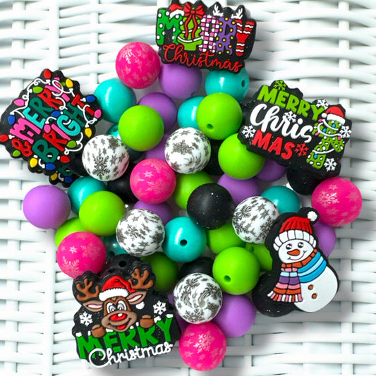 CK- 176- ❄️ “Merry & Bright” 15mm 55 Count Silicone Bead Mix 💜