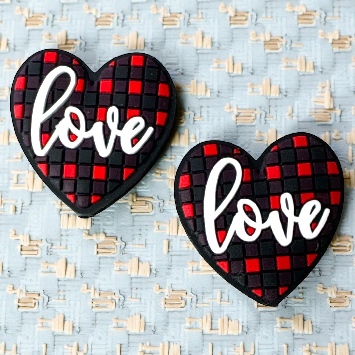 X015 -  “Love- Plaid Heart” Silicone Focal Bead (1 Count)