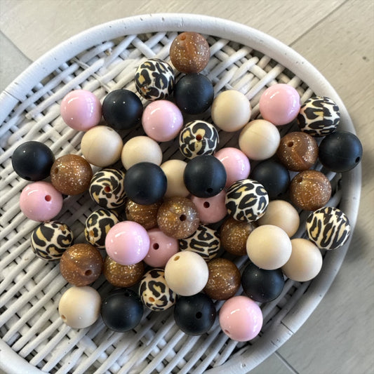 🖤 Leopard Luxe– Silicone 15mm Bead Lot (50 Count) 🖤 – Ideal for Beadable Pens & Keychains