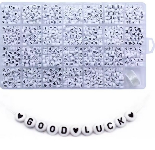 12M- 208- 4 x 7mm  "White /Black Letters & Stretch Cord" Acrylic Letter Bead Box