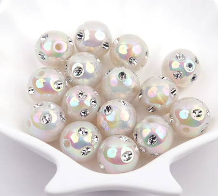 W488 - 16mm "White Opal Bling" Acrylic Bead (1 Count)