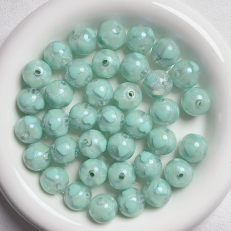 W442- 16mm "Mint Opal Shimmer Heart Round" Acrylic Bead (1 Count)