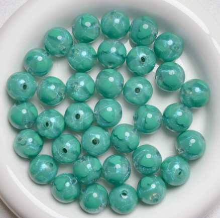 W421- 16mm "Green/Teal Opal Shimmer Heart Round" Acrylic Bead (1 Count)