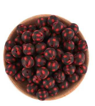 #713 - 15mm Red & Black Buffalo Plaid Silicone Beads