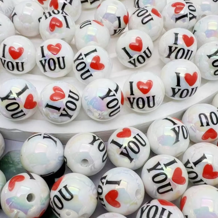 W420- 16mm "I Love You" Opal Acrylic Bead (1 Count)