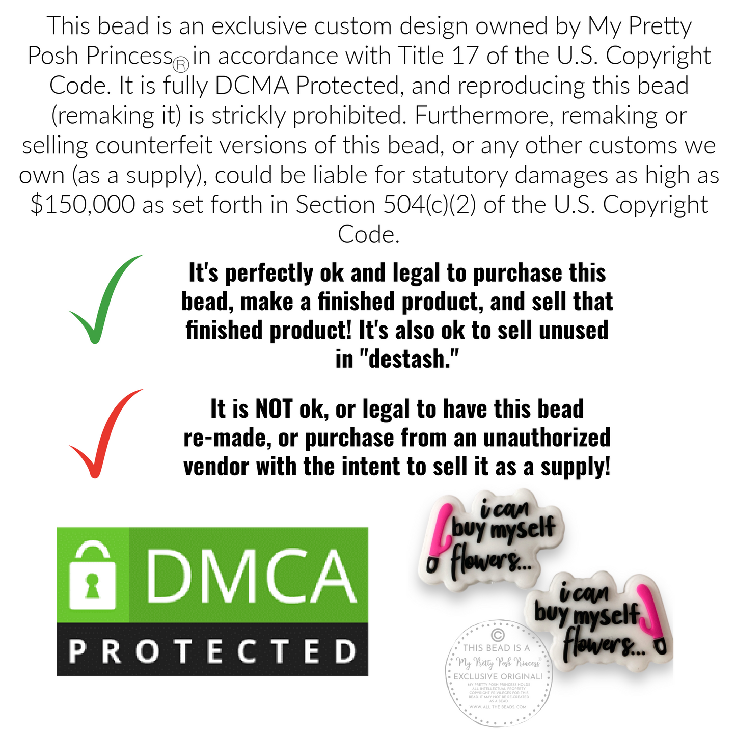 h1102  - "I Can Buy Myself Flowers"  Silicone Focal Bead for DIY Crafts (1 Count)