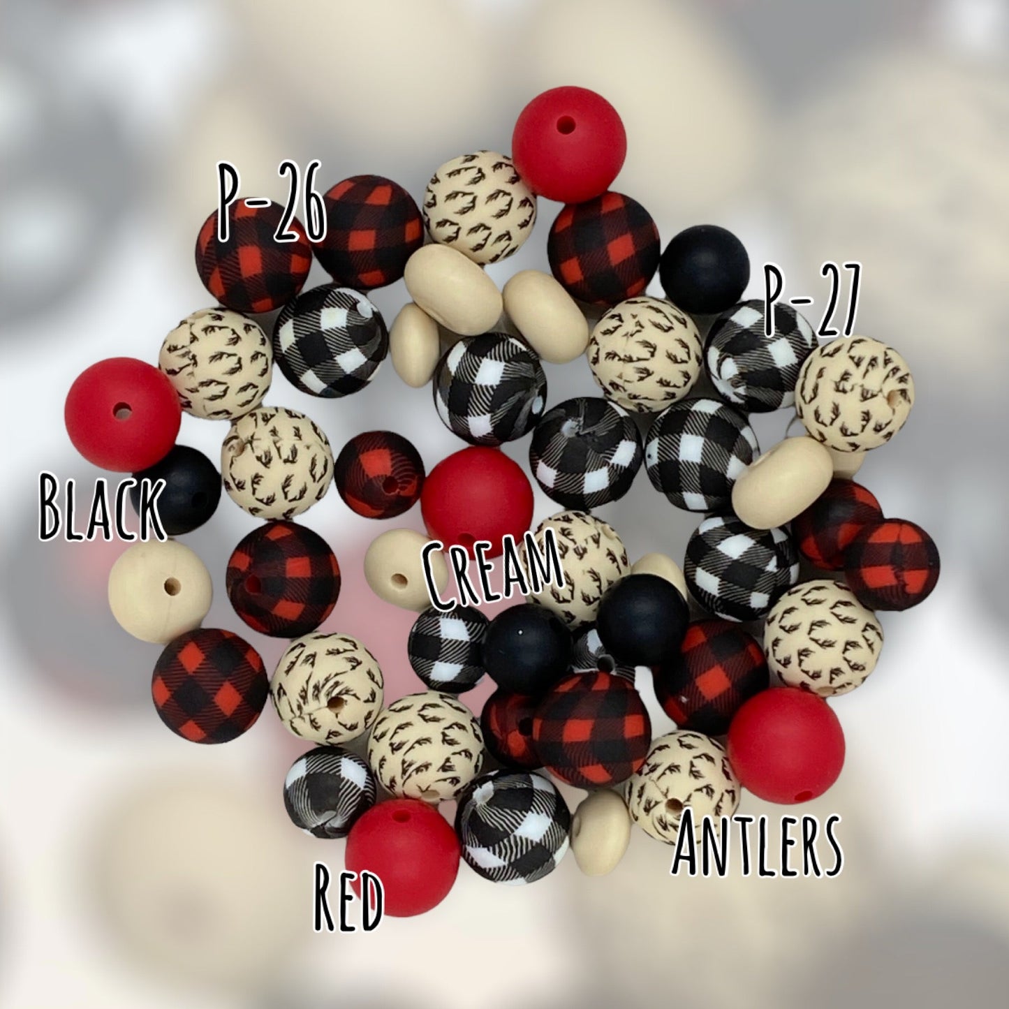 12mm-  P-26 - Red & Black Buffalo Plaid Silicone Beads