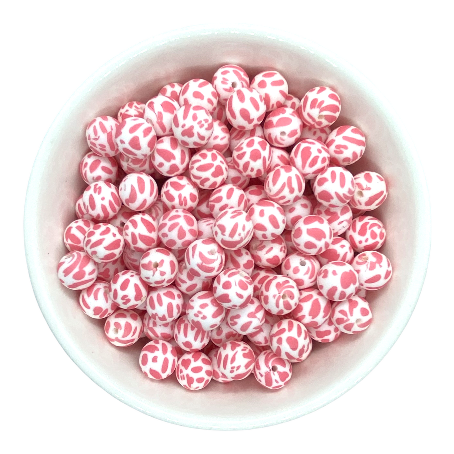 A48 - 15mm "Pink Cow Print" (10 Count) Silicone Beads, Craft Supplies