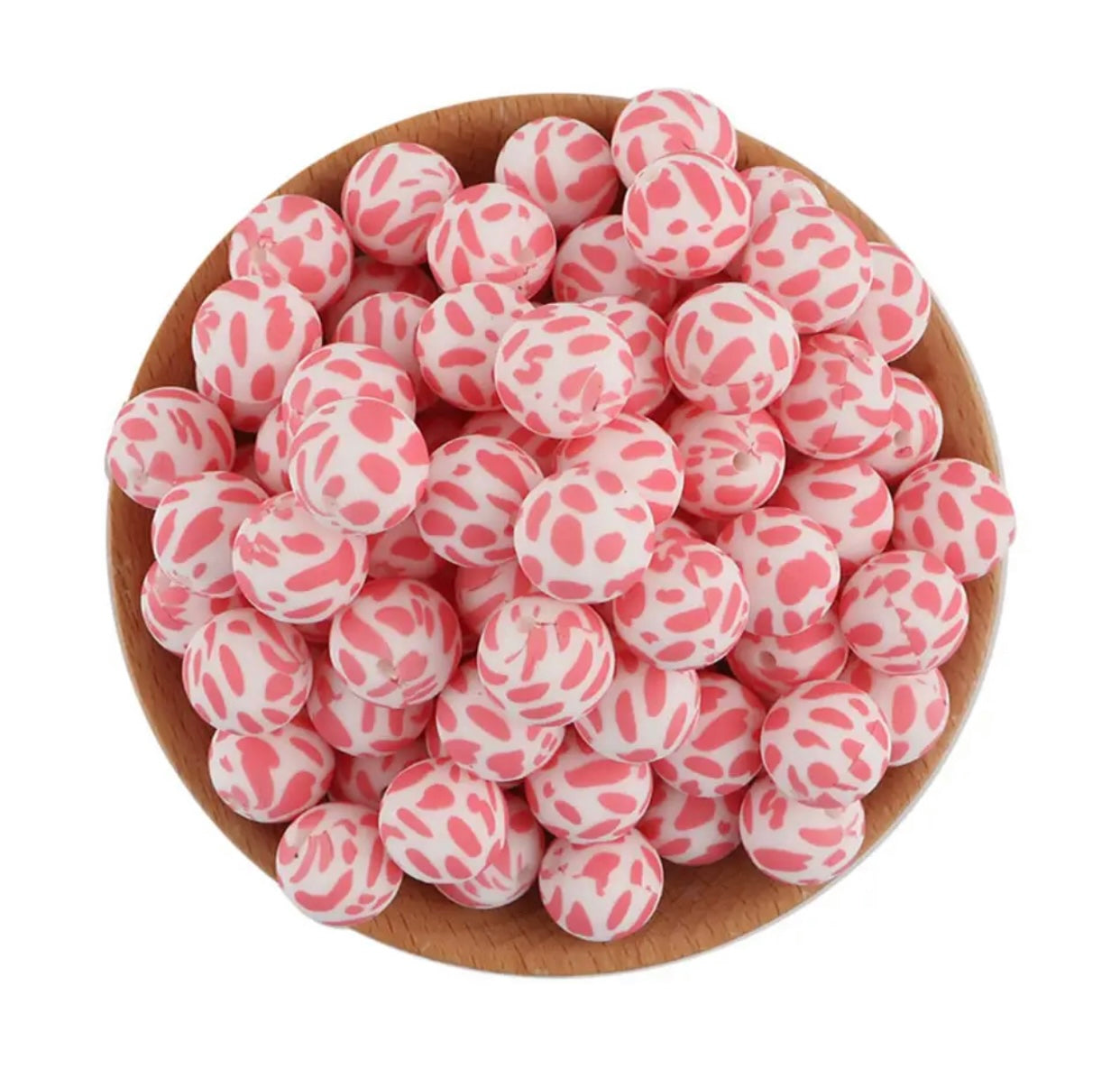 A48 - 15mm "Pink Cow Print" (10 Count) Silicone Beads, Craft Supplies