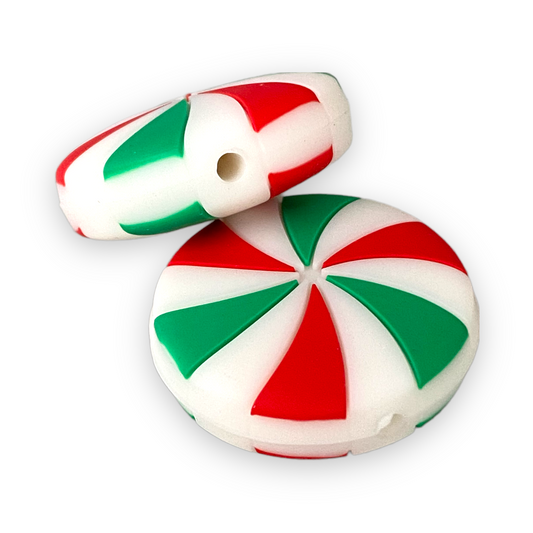 X38 - Green & Red Peppermint Swirl Silicone Focal Bead (1 Count)