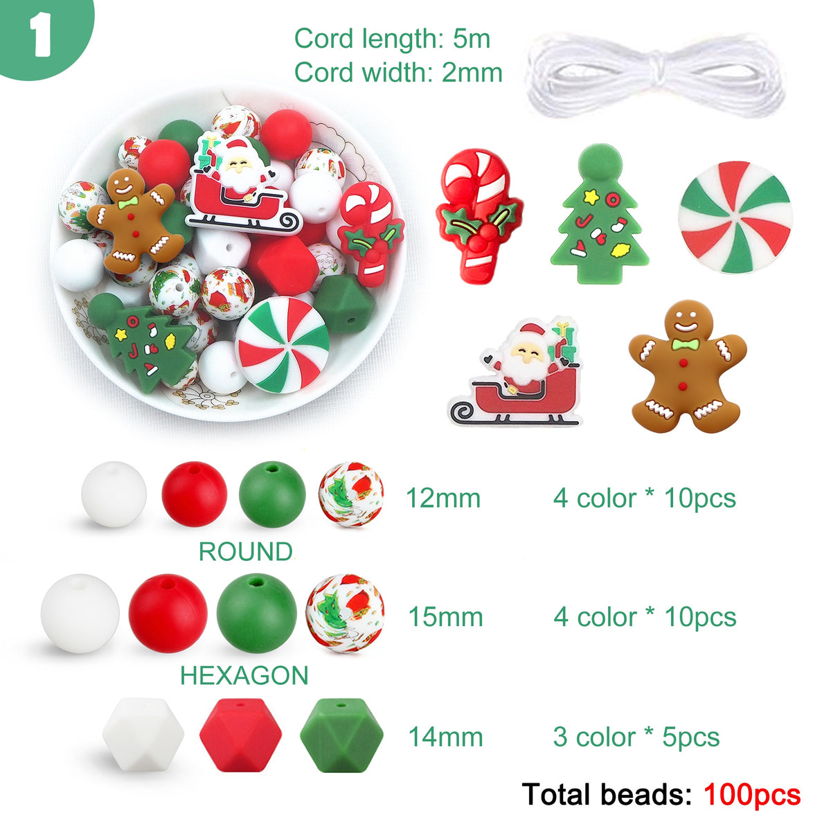 Merry Christmas {100 Count} Mix Silicone Bead Pack