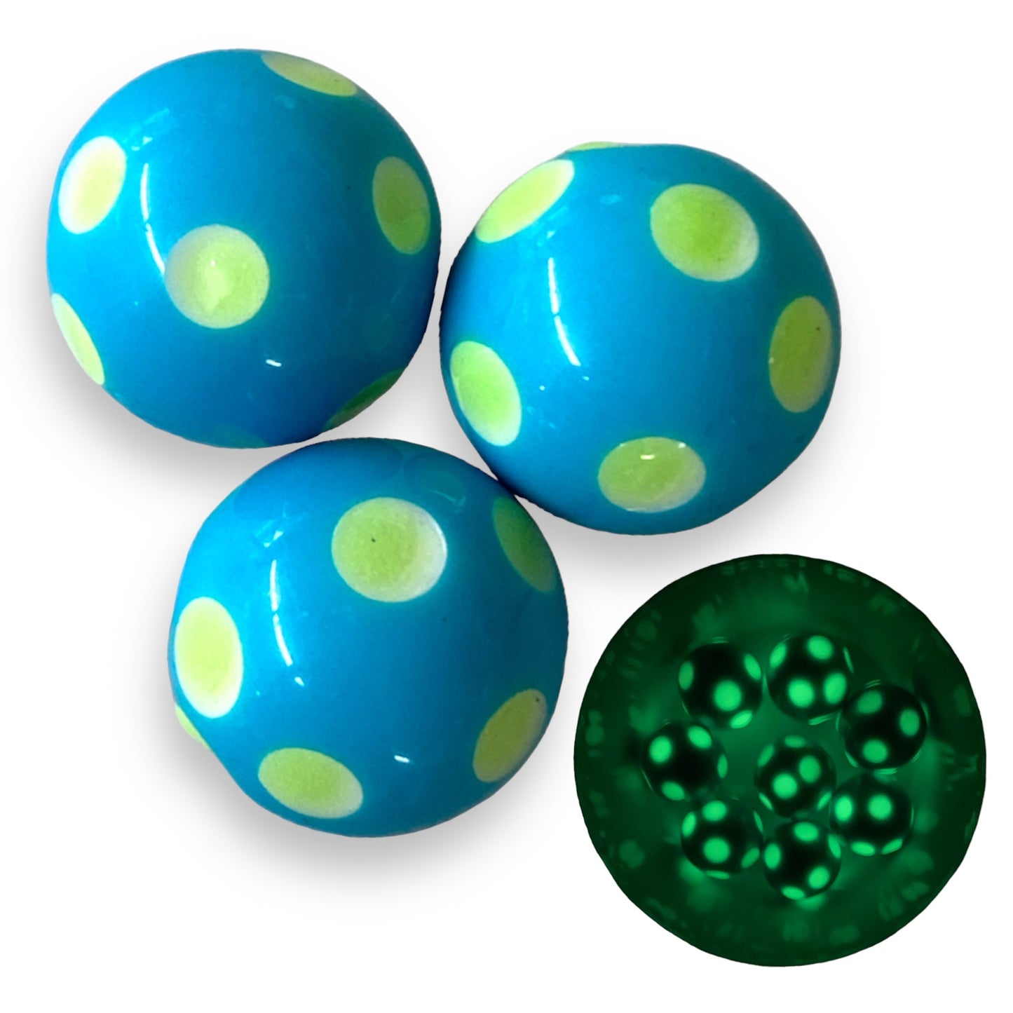 W455- Aqua “Glow In The Dark” Polka Dots Acrylic Beads (1 Count)