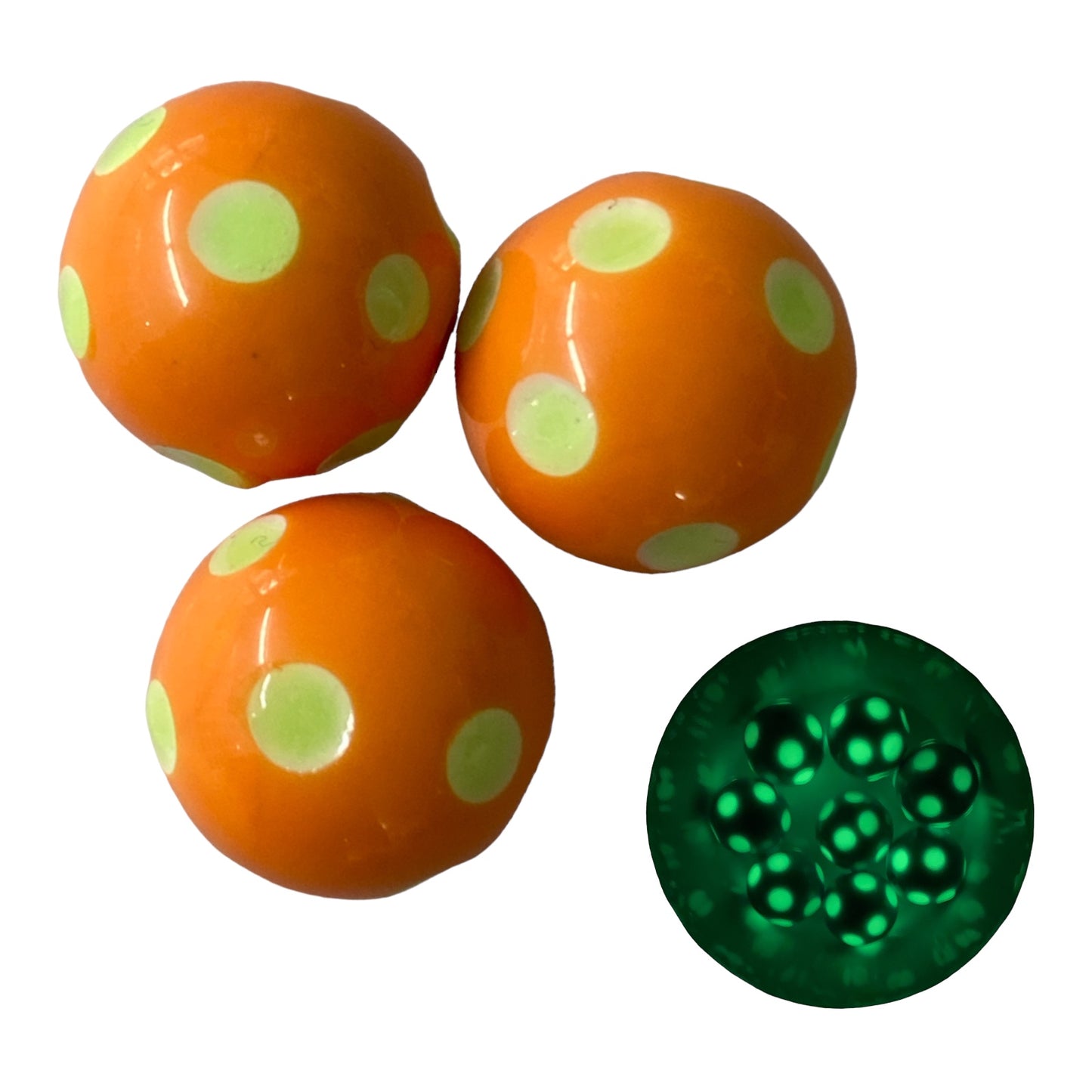 W454- Orange “Glow In The Dark” Polka Dots Acrylic Beads (1 Count)