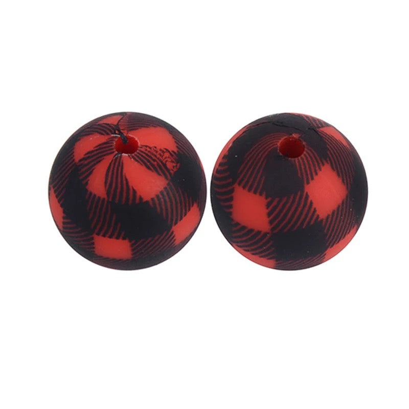 12mm-  P-26 - Red & Black Buffalo Plaid Silicone Beads