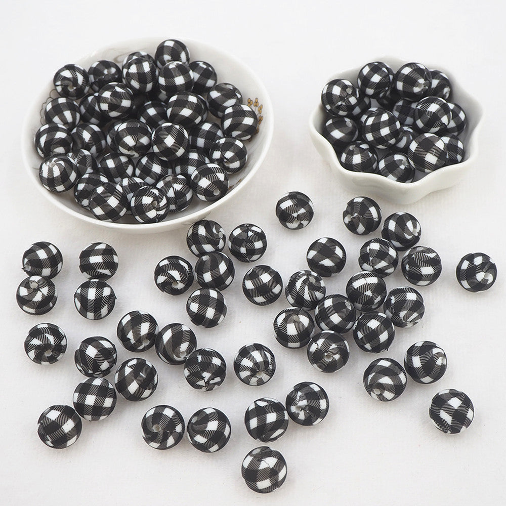 #714 -  15mm Black & White Buffalo Plaid Silicone Beads