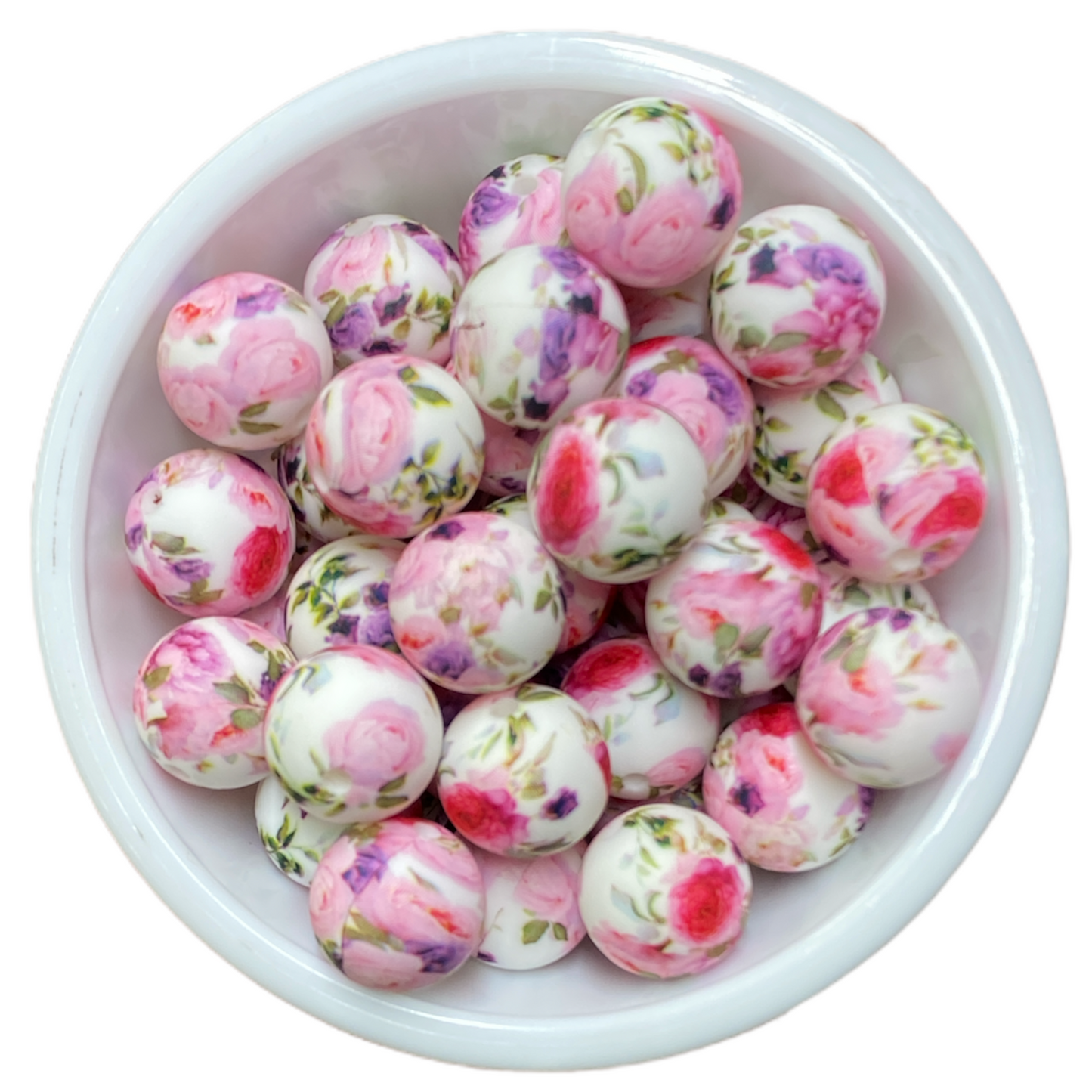 #762-   15mm “Pink & Purple Floral” Silicone Beads