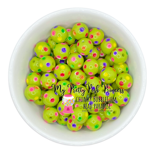 #976 - 20mm Lime Rainbow Polka Dots Acrylic Beads (1 Count)