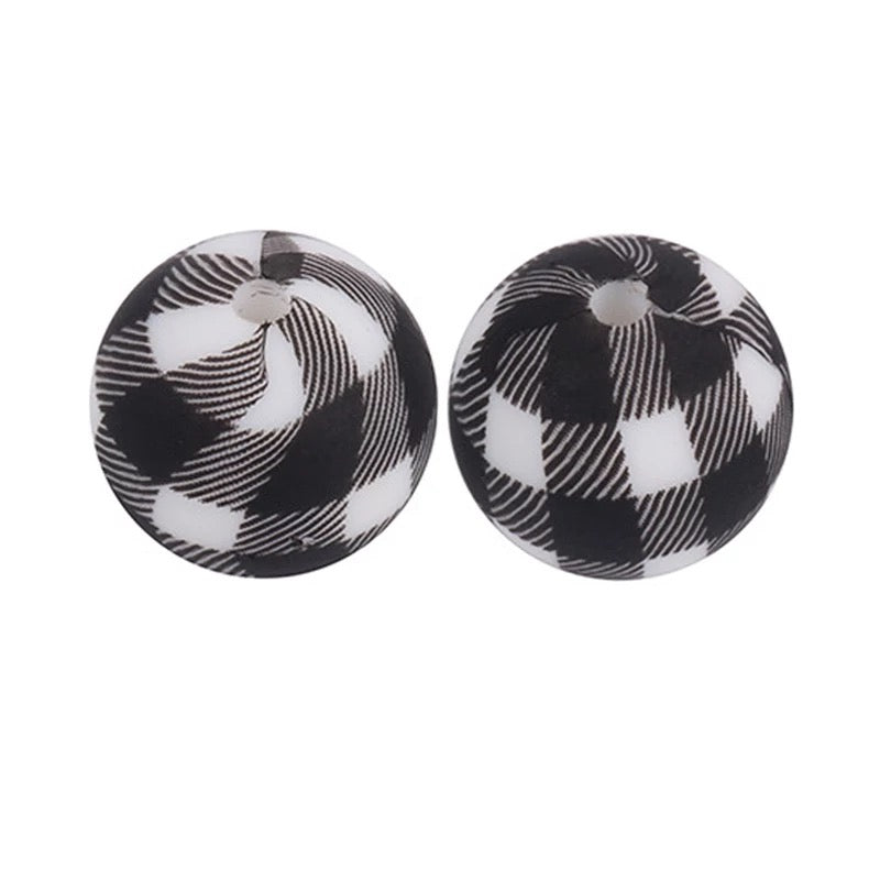 #714 -  15mm Black & White Buffalo Plaid Silicone Beads