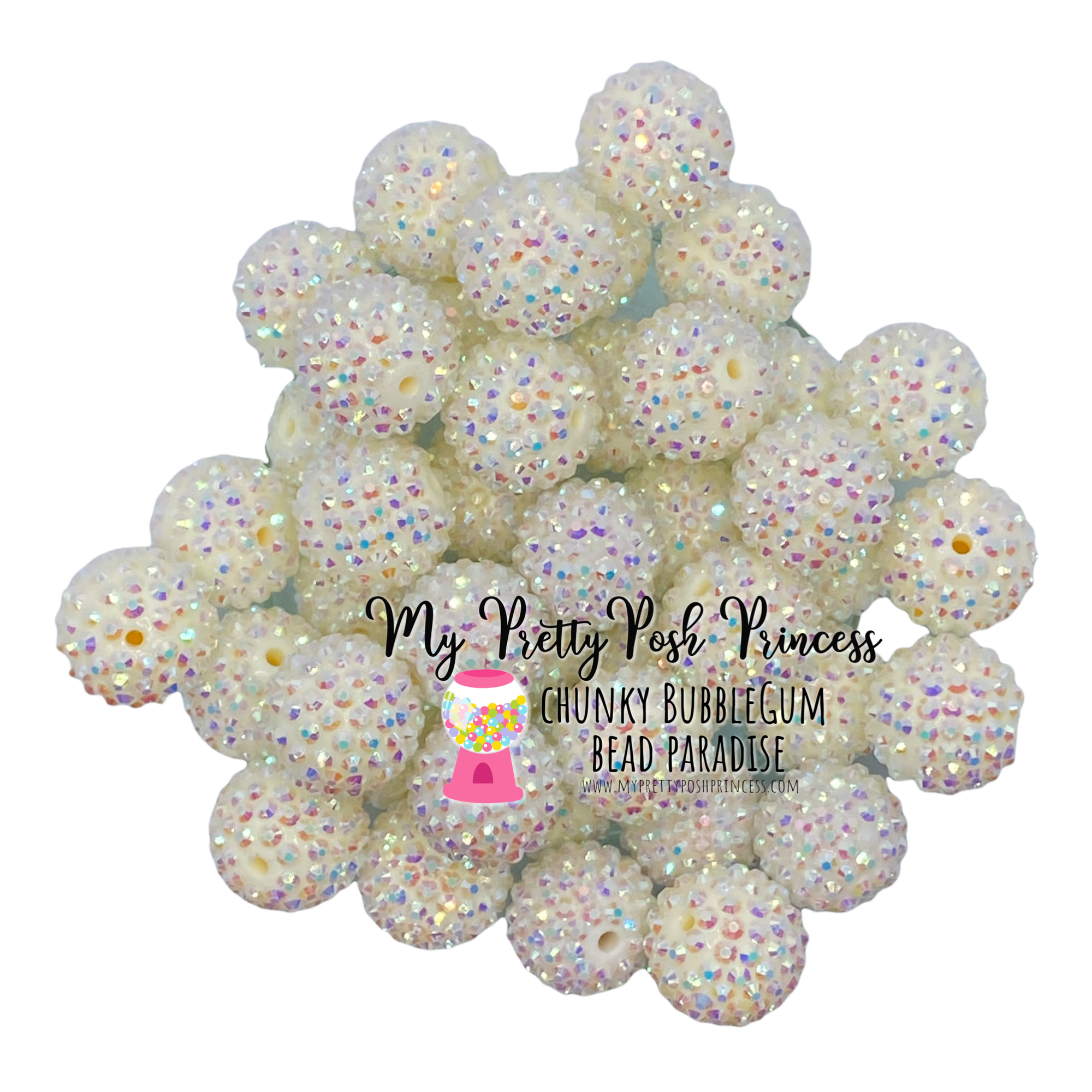 20mm Off White Rhinestone AB Acrylic Bubblegum Beads