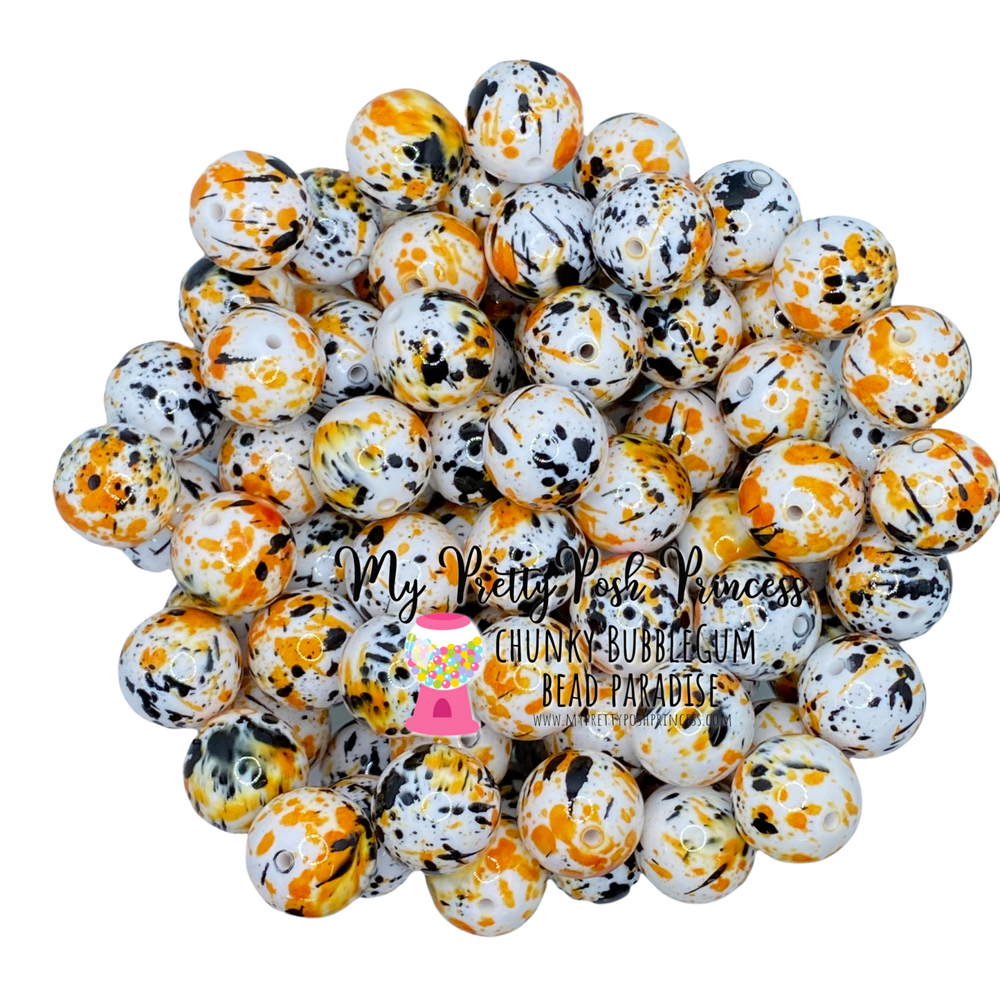 W347- 20mm White, Orange & Black  Splash  Bead