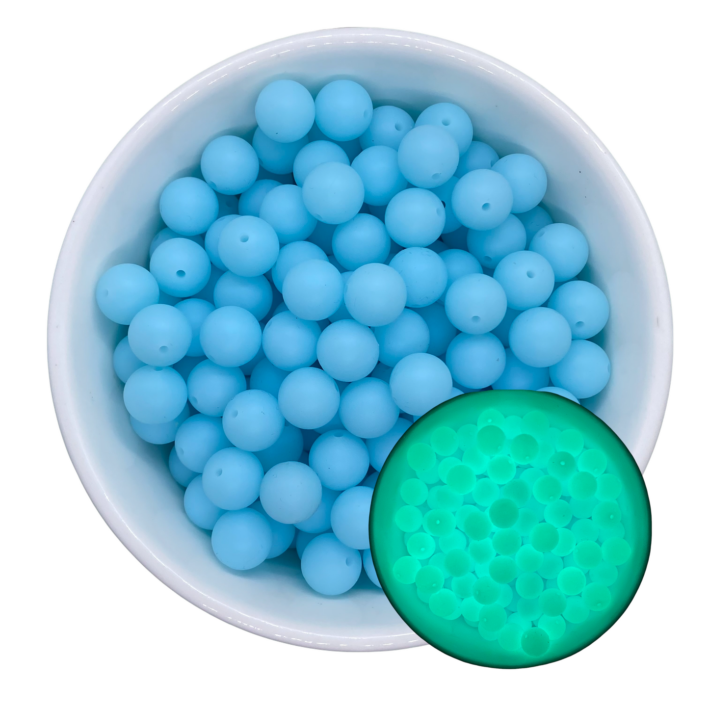 T301-  “Aqua” 15mm GLOW IN THE DARK Silicone Beads