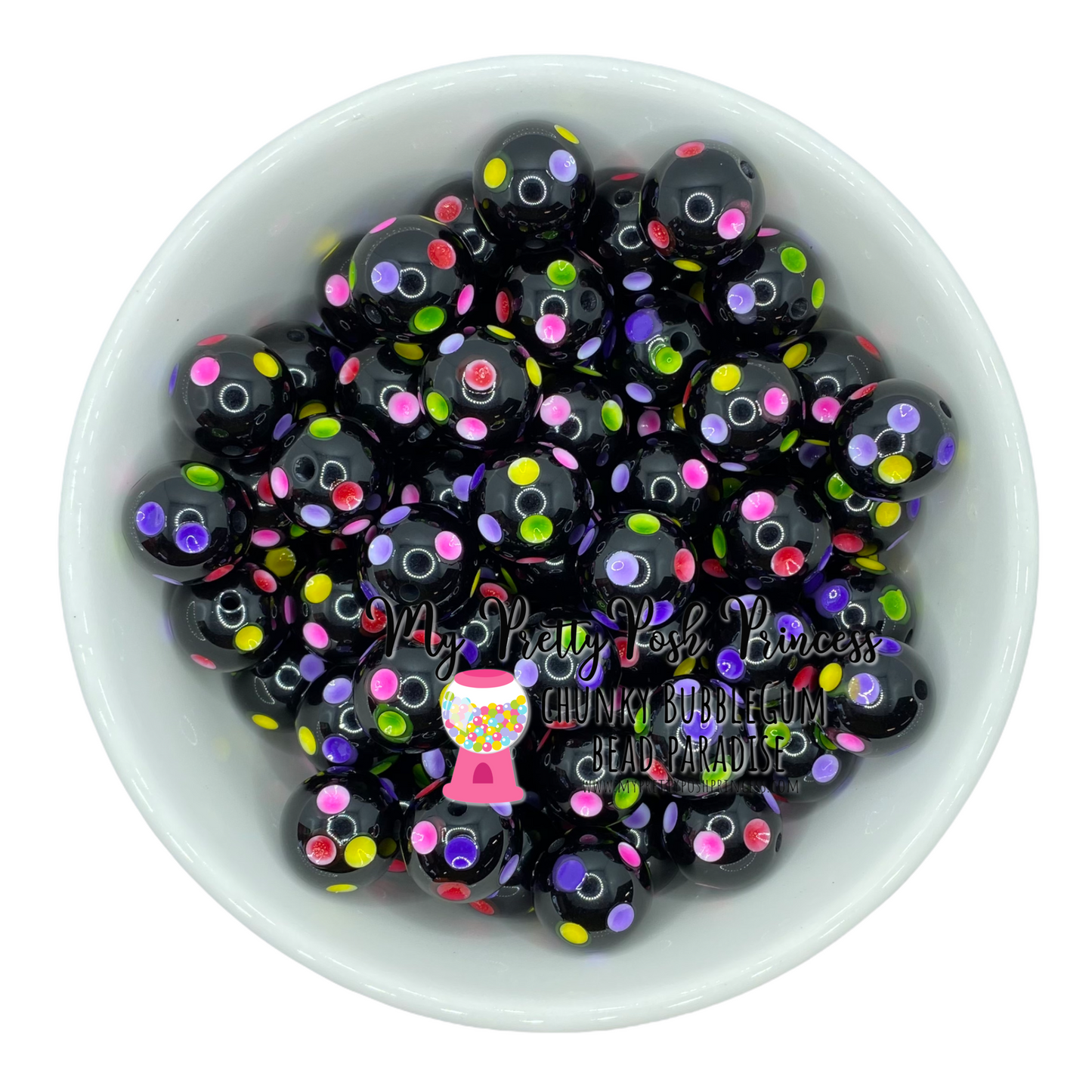 #1005 - 20mm Black Rainbow Polka Dot Acrylic  Beads (1 Count)