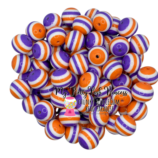 #1022 -Purple, Orange, & White  Striped 20mm Beads (10 Count)